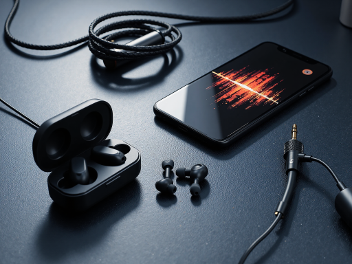 无线耳机产品摄影，彩色背景，立体展示，细节特写，专业布光